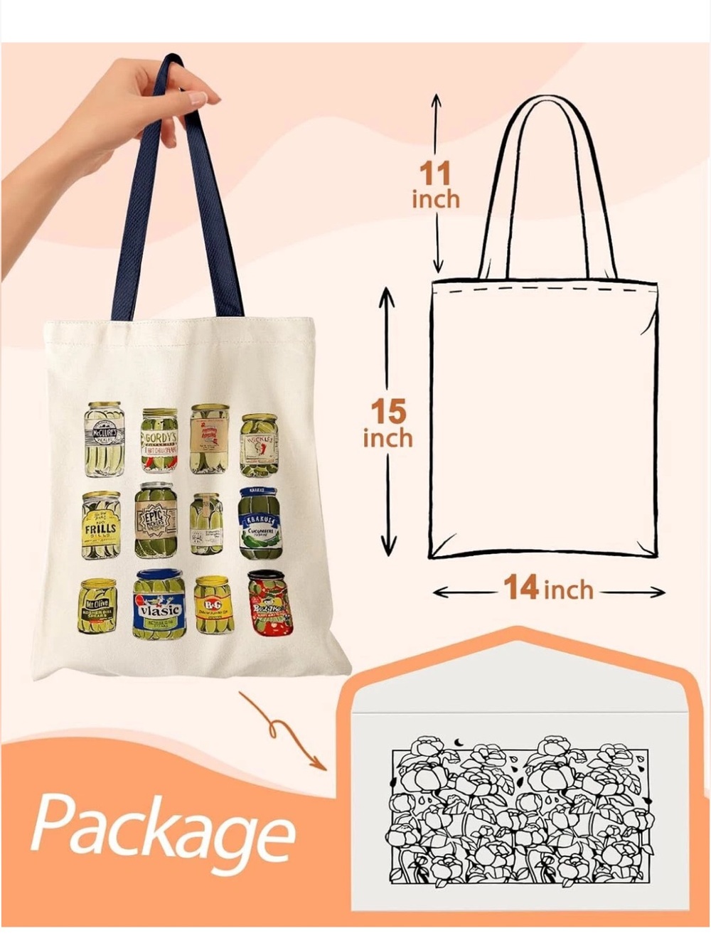Aesthetic Canvas Tote Bag with Inner Pocket for Women, Cloth Canned Pickle - Picture 4 of 7